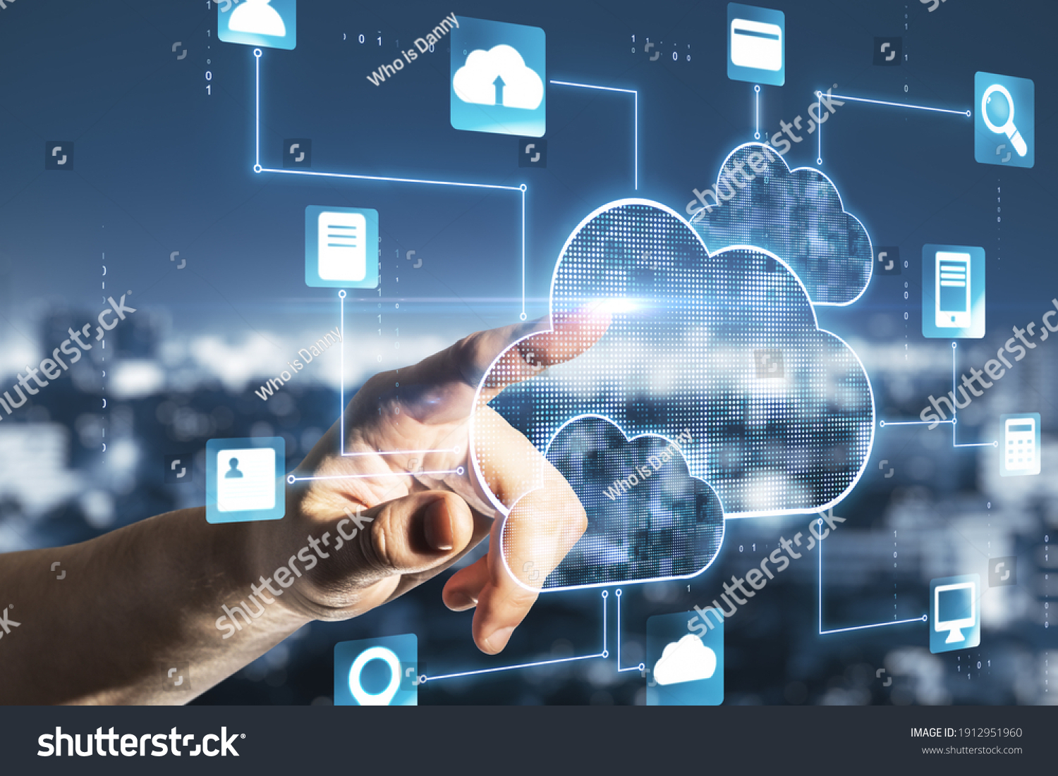 Cloud service concept with man finger touching digital screen with cloud service application icons at abstract city background #1912951960