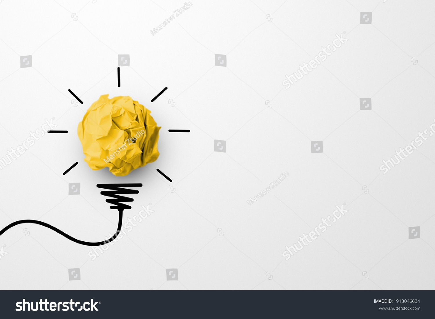 Creative thinking ideas and innovation concept. Paper scrap ball yellow colour with light bulb symbol on white background #1913046634