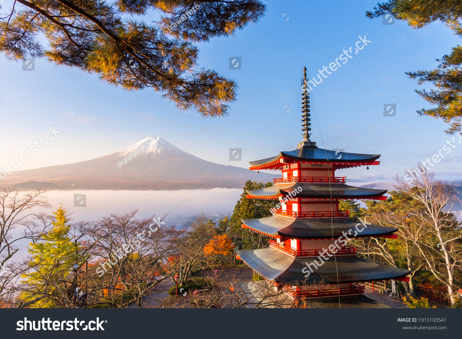 Rare scene of Chureito pagoda and Mount Fuji with morning fog, Japan in autumn #1913103541