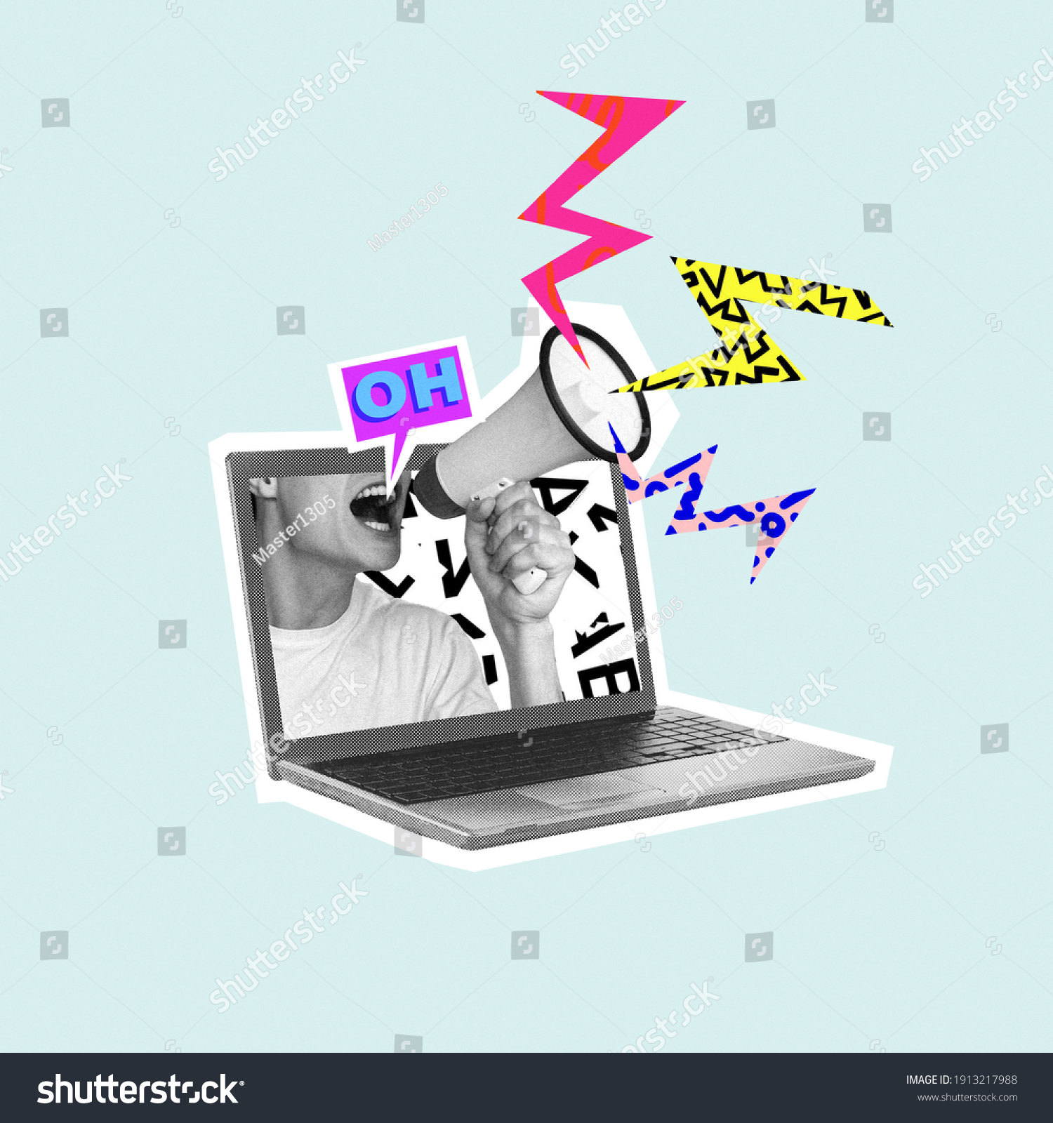 Shouting out your own thoughts online. Man with megaphone in laptop. Modern design, contemporary art collage. Inspiration, idea, trendy urban magazine style. Negative space to insert your text or ad. #1913217988