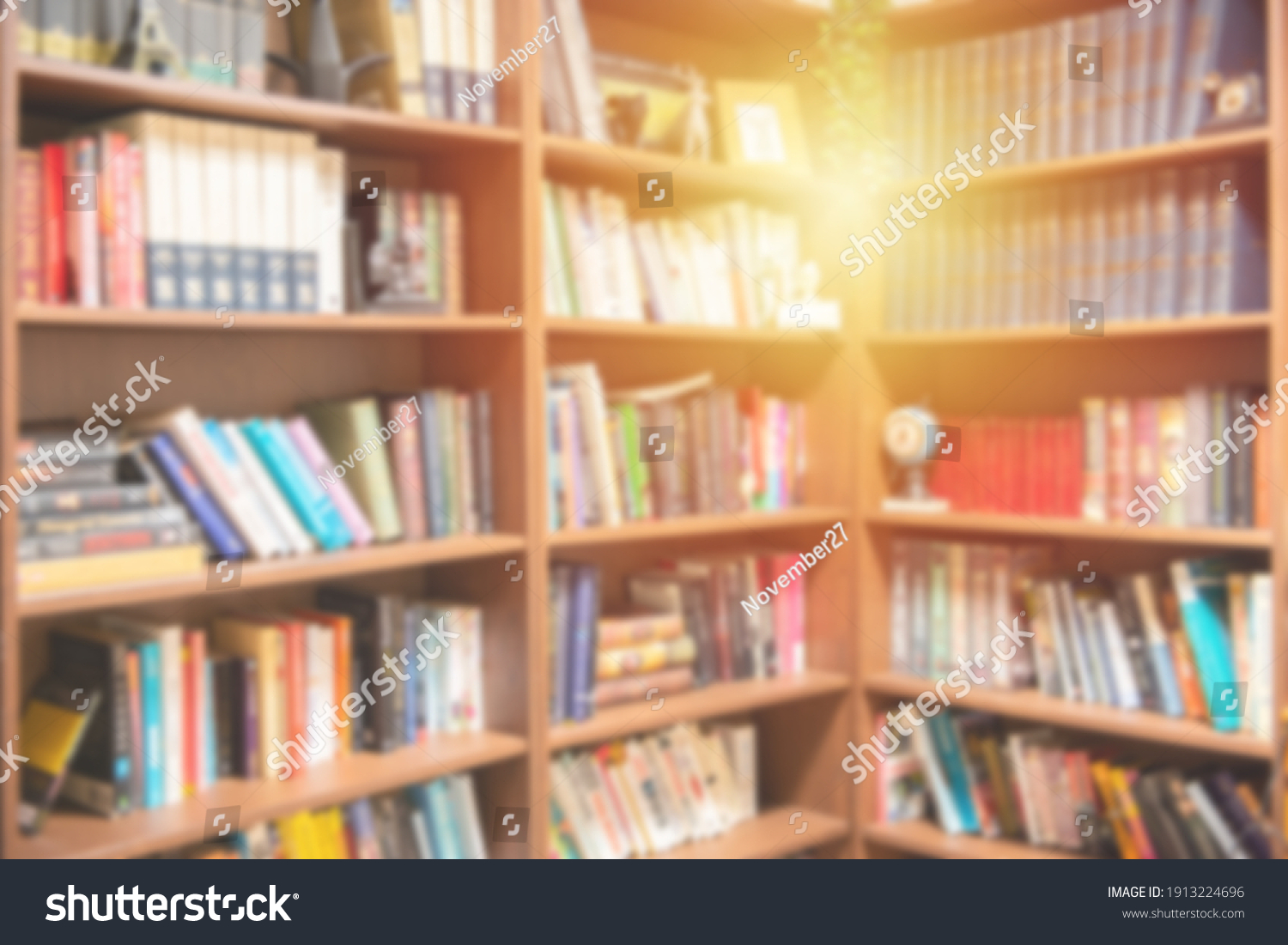 Abstract blurred empty college library interior space. use for background or backdrop in book shop business or education resources concepts.Blurry classroom with bookshelves by defocused effect.  #1913224696