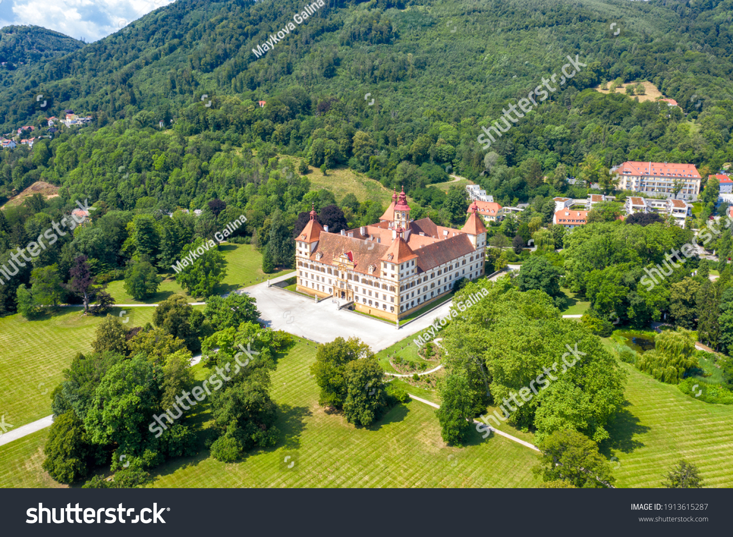 Graz, Austria. Eggenberg Palace (Schloss Eggenberg) - the largest aristocratic residence in Styria is listed as a World Heritage Site. Construction was completed by 1646, Aerial View #1913615287