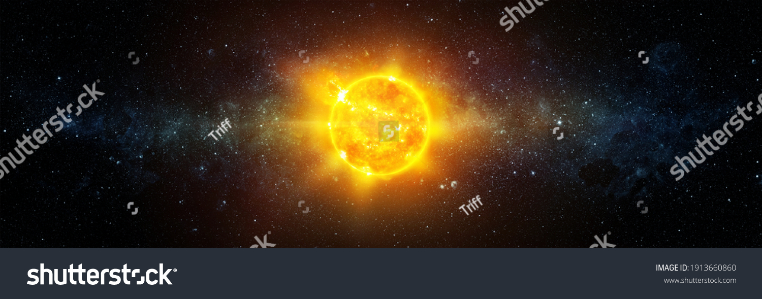Panoramic view of the Sun, star and galaxy.  A wide view of the sun and stars from space. Concept on theme of ecology, environment, Earth Day. Elements of this image furnished by NASA.  #1913660860