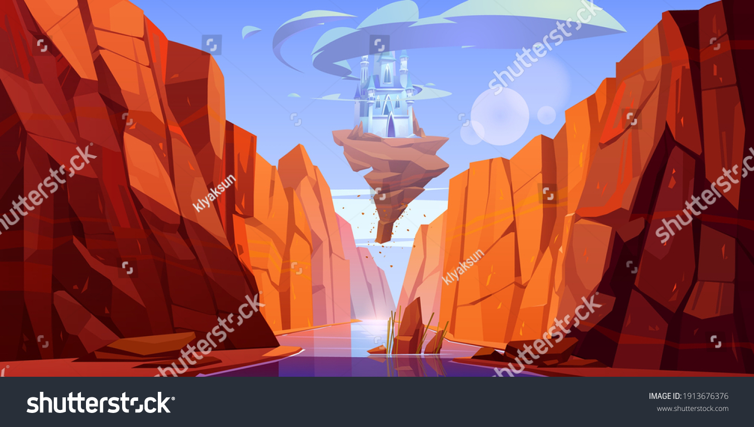 Magic blue castle on rock flying above river in canyon. Vector cartoon fantasy illustration of mountain landscape with water stream in gorge and royal palace with clouds around towers #1913676376