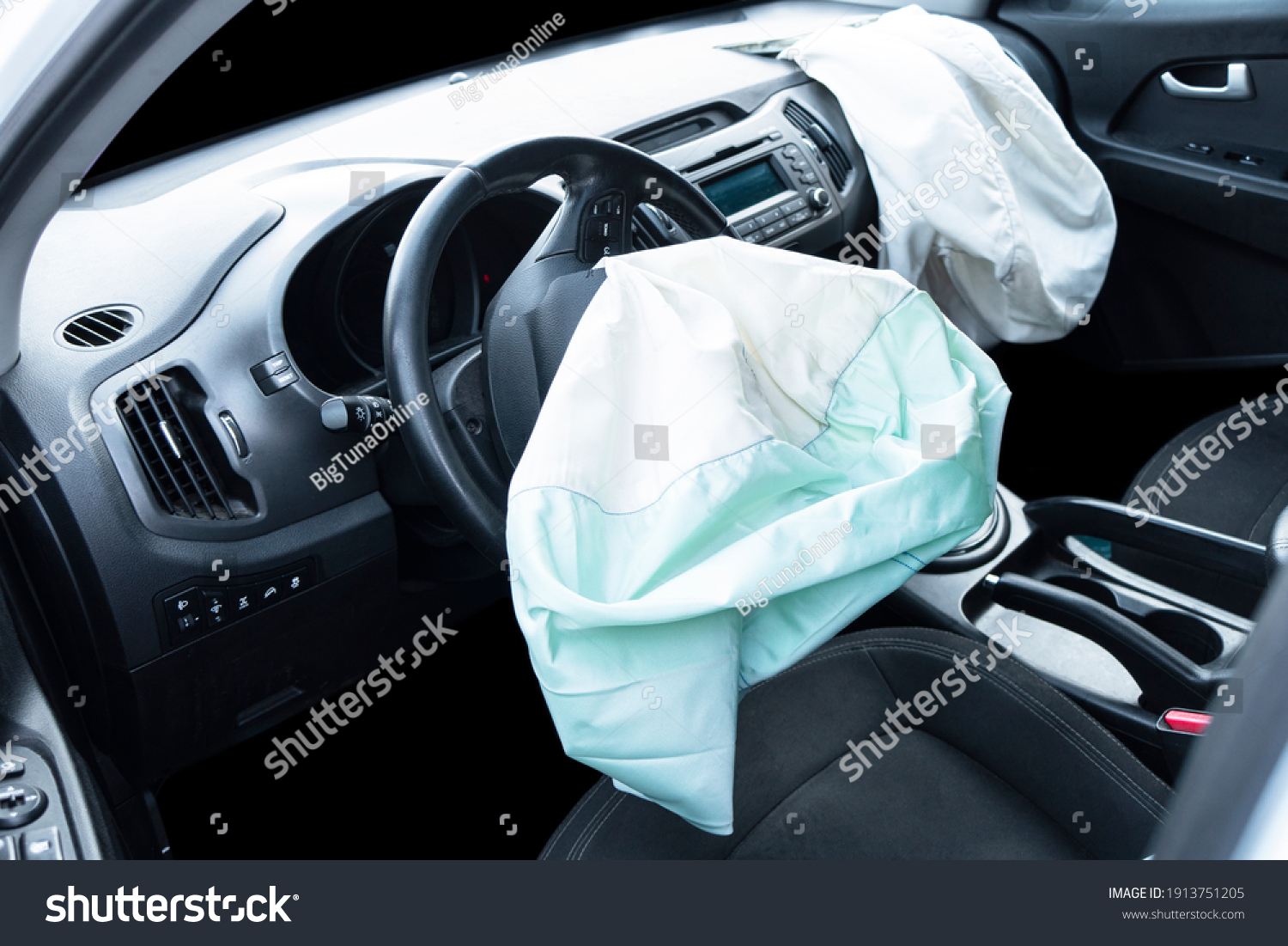 Airbag exploded at a car after the accident. Driver and Passenger AirBag. Car crash. Interior of a car after crash. Inside Automobile #1913751205