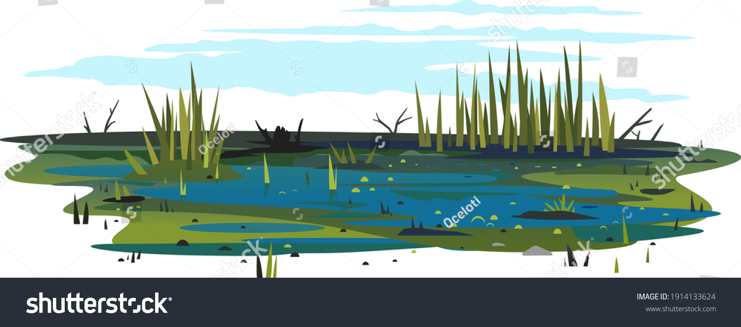 Wild danger swamp with dirty water and various plants isolated illustration, dead trees with bulrush plants, clipart of terrible mystical place, swampy pond with reeds, overgrown pond #1914133624