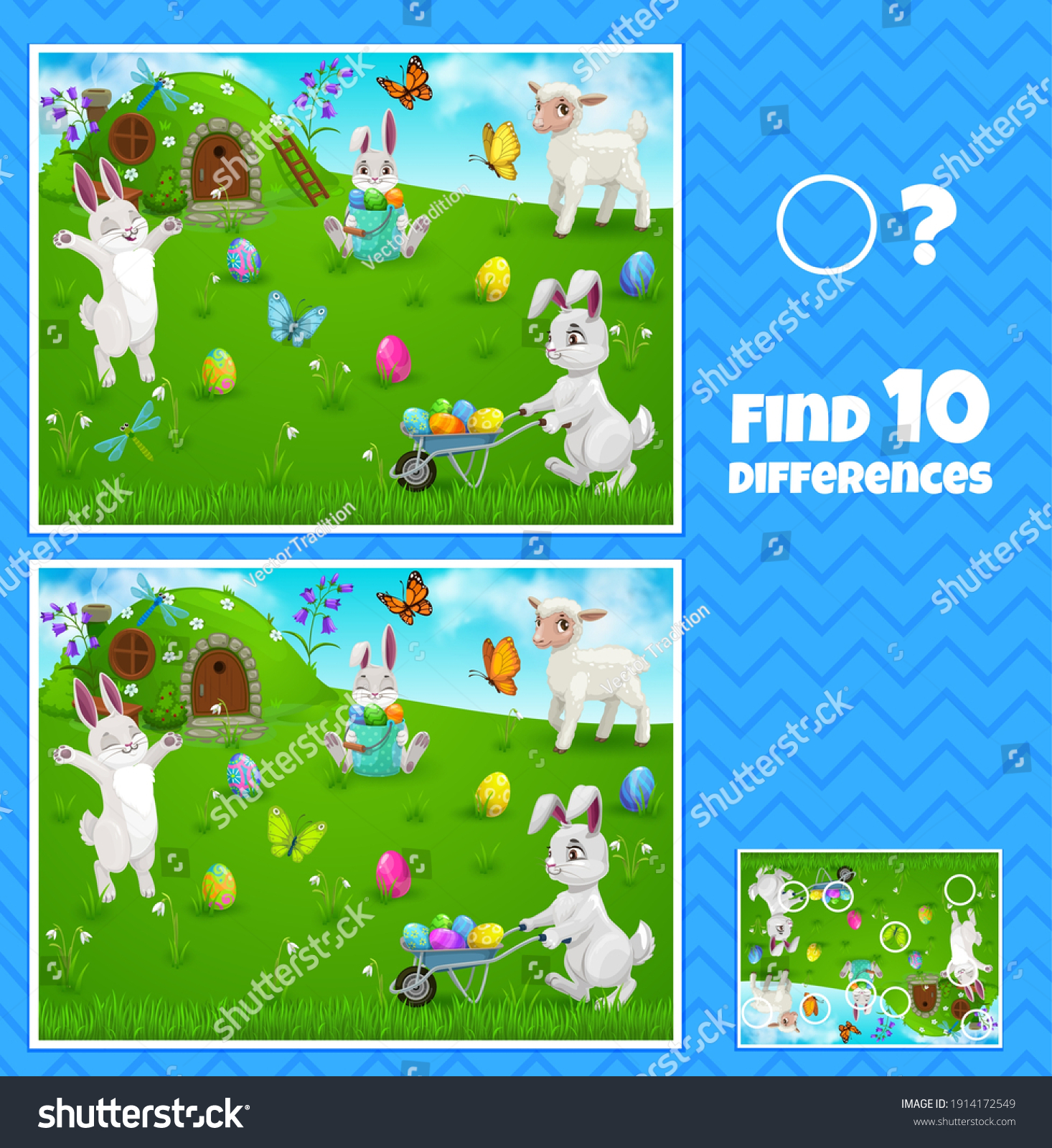 Easter egg hunt bunnies kids game of find ten differences, vector children education. Worksheet template of memory and logic puzzle with cartoon Easter eggs, rabbits, butterflies and lamb #1914172549