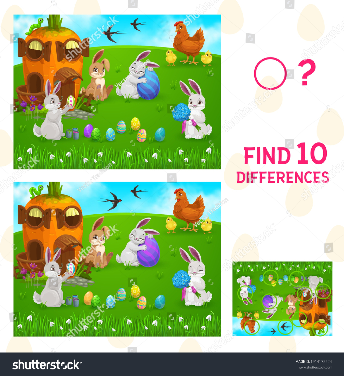 Find differences kids game with vector Easter egg hunt. Children education puzzle or spot 10 differences worksheet template with cartoon Easter bunnies, painted eggs, spring green grass and flowers #1914172624
