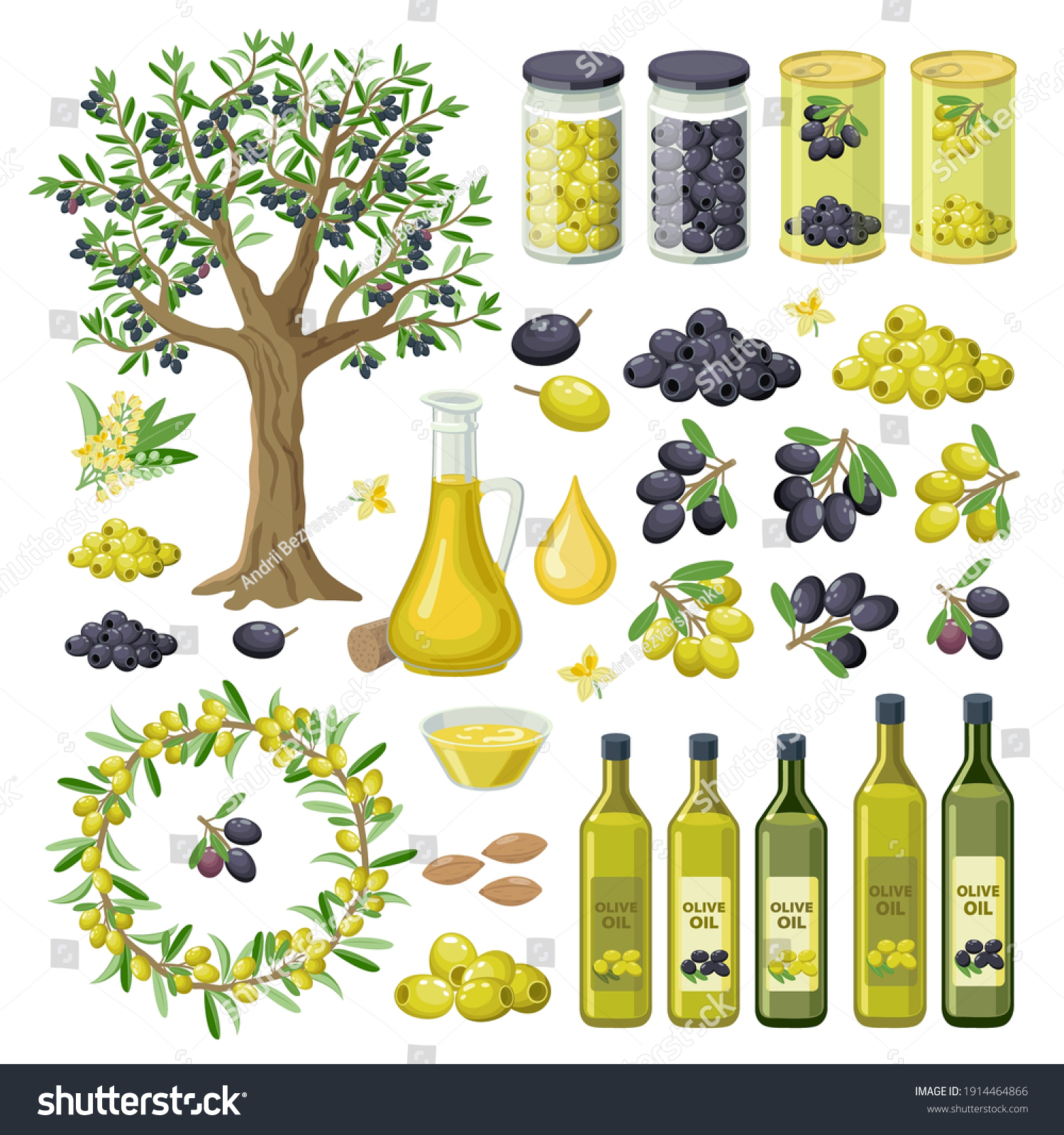 Large collection of olives food, products, olive oil bottles, olive tree,  groups of black and green olives, canned, pickled, branches and leaves. Olives infographic elements isolated on white. #1914464866