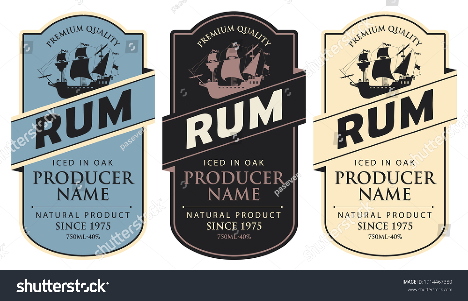 Set of three vector labels for rum in a figured frames with sailing ships and inscriptions in retro style. Premium quality, iced in oak, collection of strong alcoholic beverages #1914467380