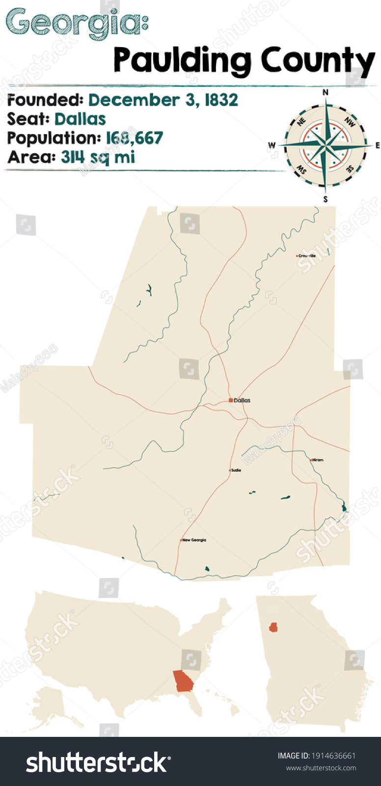 Large and detailed map of Paulding county in - Royalty Free Stock 