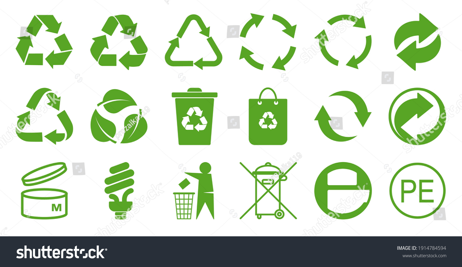 Set of symbols and signs for design of packaging products, information about the goods being transported and a sign of recycling, green symbols isolated on white background #1914784594