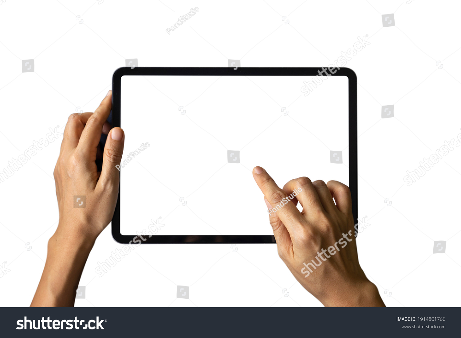 Close-up woman of Left hand held, right hand use finger touches with digital tablet white screen isolated on white background. Concept of technology, connection, communication, social. #1914801766