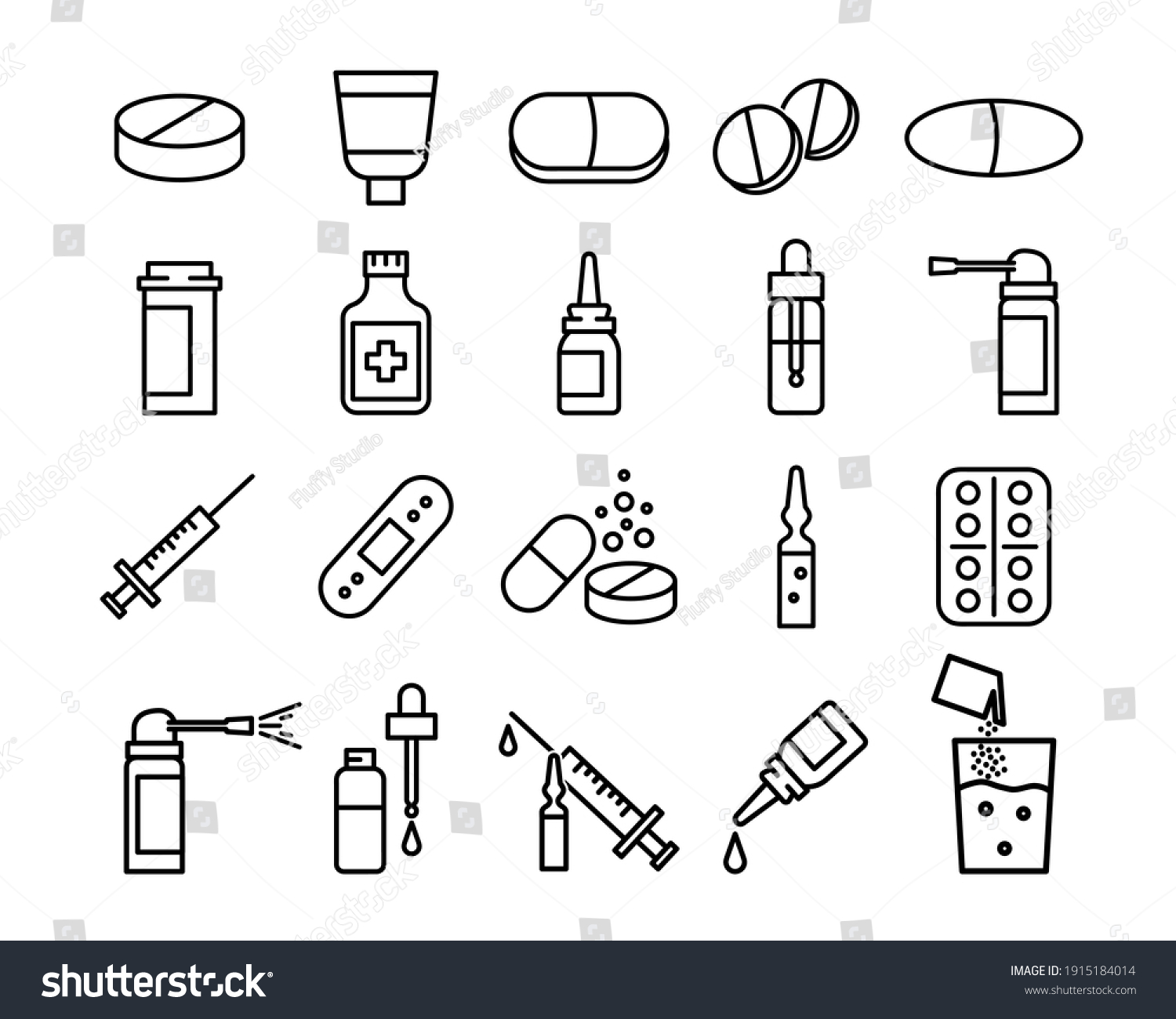 Medical preparats flat icon set. Pictogram for web. Line stroke. Isolated on white background. Vector eps10. Preparats for health care #1915184014