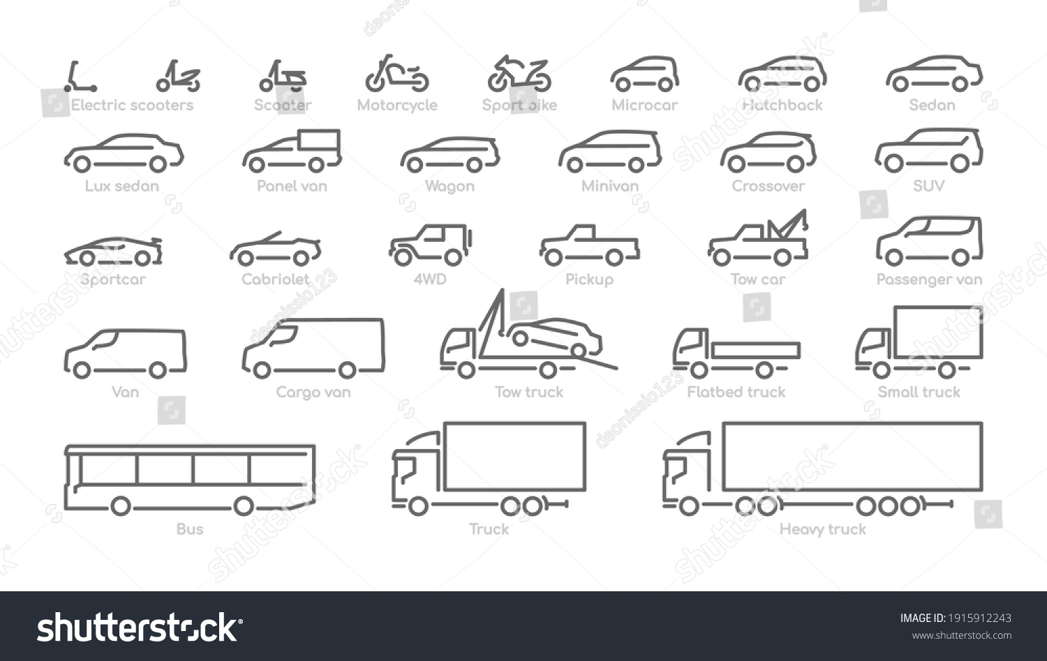 Big set outline car icons, different types of transportation #1915912243