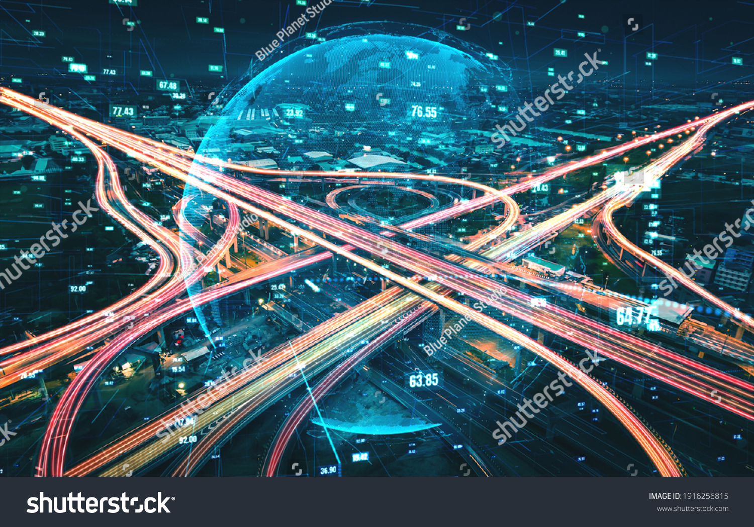 Futuristic road transportation technology with digital data transfer graphic showing concept of traffic big data analytic and internet of things . #1916256815