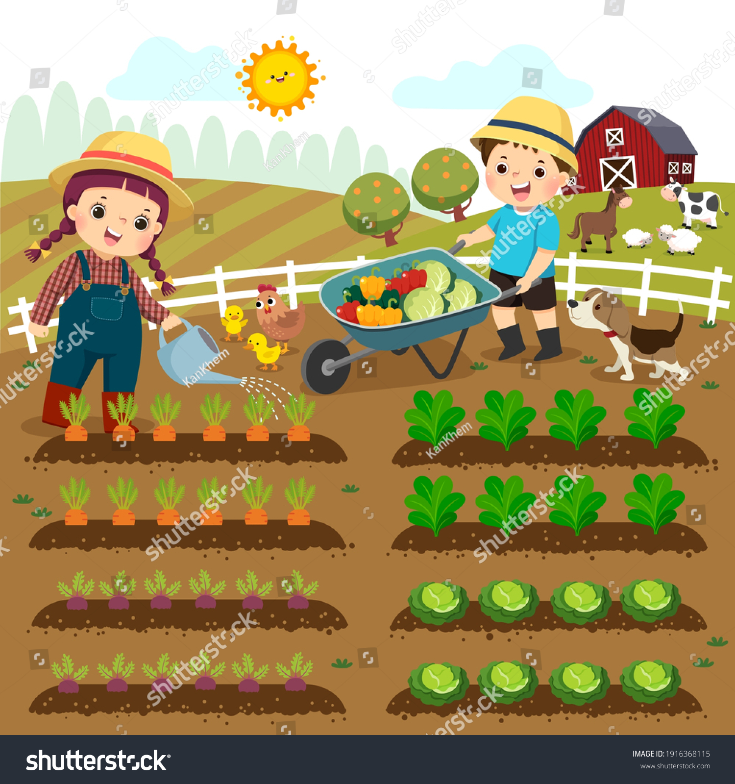 Vector illustration cartoon of girl watering vegetable plants and boy pushing the wheelbarrow of vegetables on the farm. #1916368115