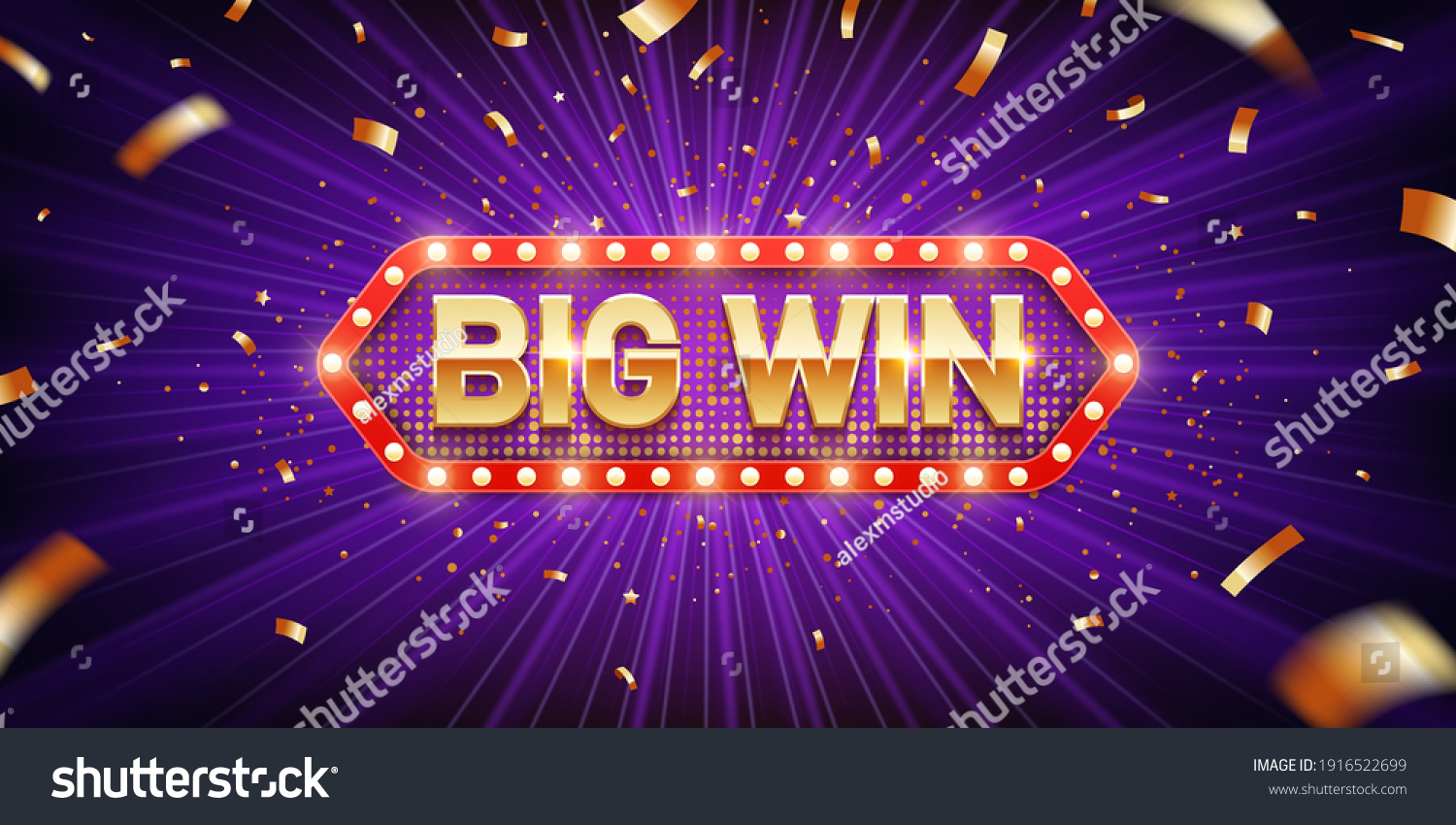 Big win. Retro big win congratulation banner with glowing light bulbs and golden confetti on a burst purple background. Winners of poker, jackpot, roulette, cards or lottery. #1916522699