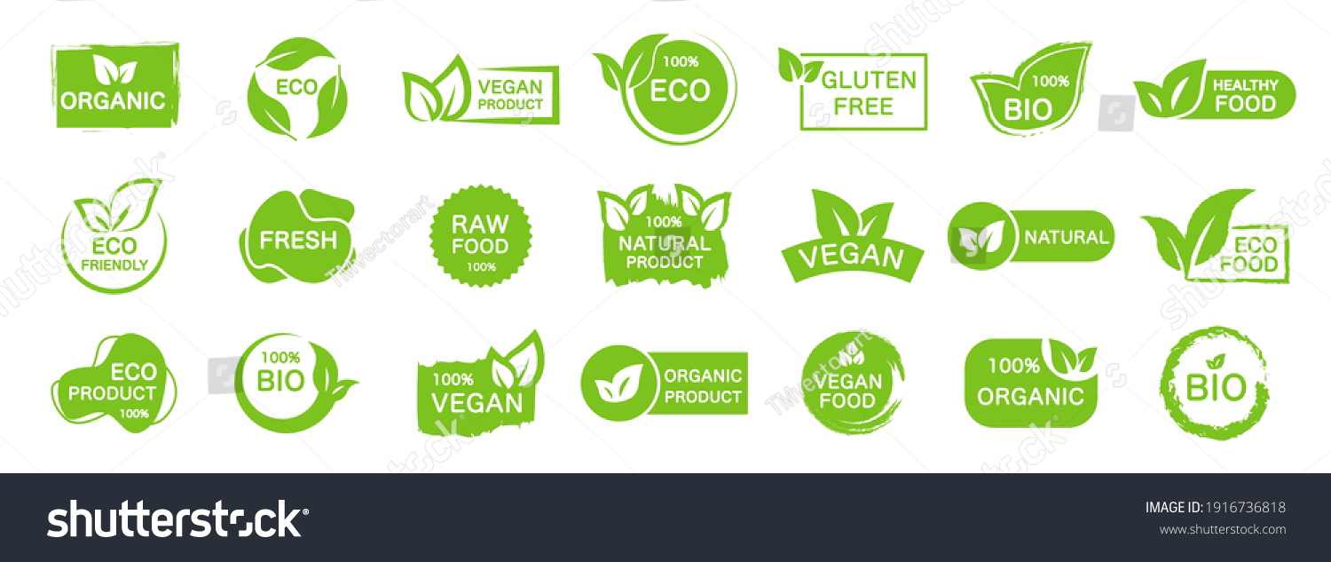 Set of organic, eco, vegan, bio food labels. Collection logos for healthy food. Green emblems for promotion natural products. Vector illustration. #1916736818