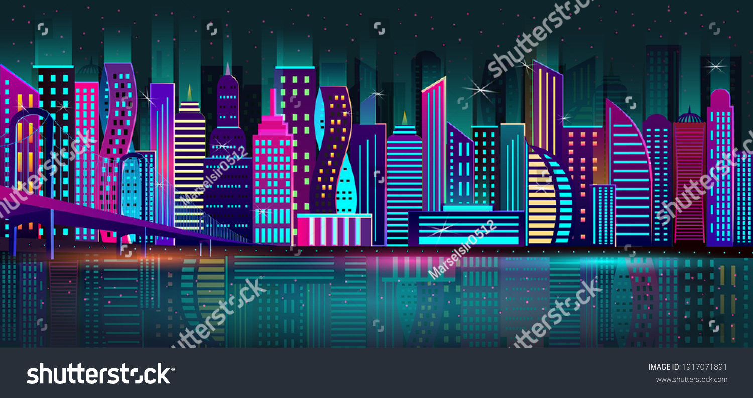 Night city, a metropolis with a neon glow and bright colors bridge over the river. Vector, EPS 10 #1917071891