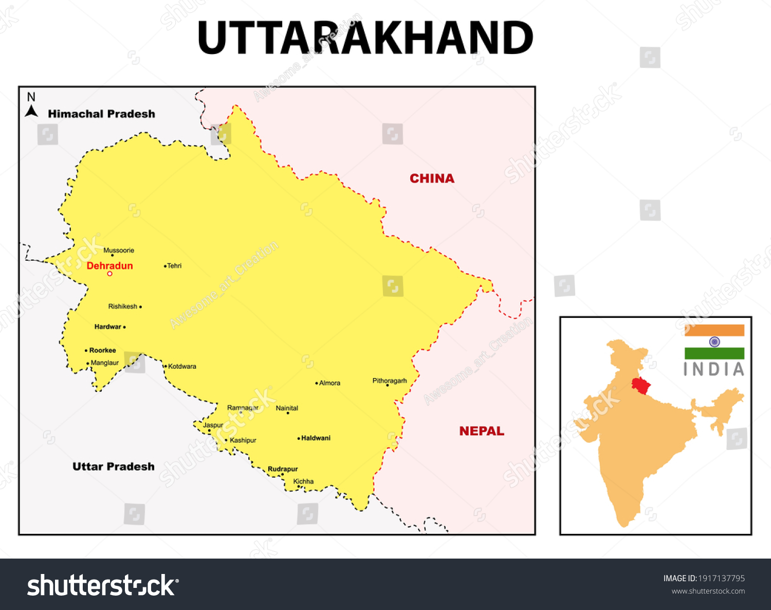 Uttarakhand Map. Highlight Uttarakhand map on - Royalty Free Stock ...