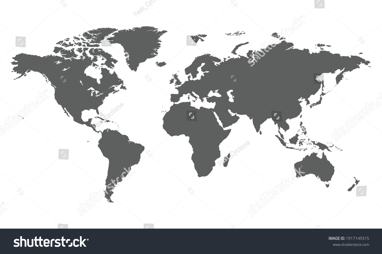 World map. Gray map template for website pattern. Vector illustration of flat Earth isolated on white background. World map icon. Flat globe silhouette. Surface of continents. Simple design. #1917149315