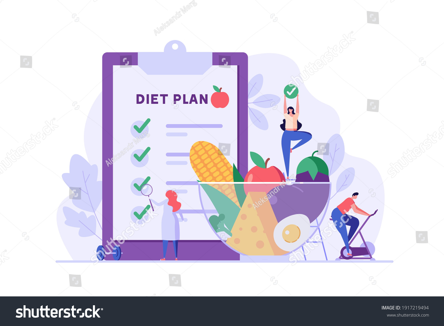 Diet plan illustration. People exercising and doing fitness. Doctor planning diet with vegetable. Concept of dietary eating, meal planning, nutrition consultation. Vector illustration for web design #1917219494