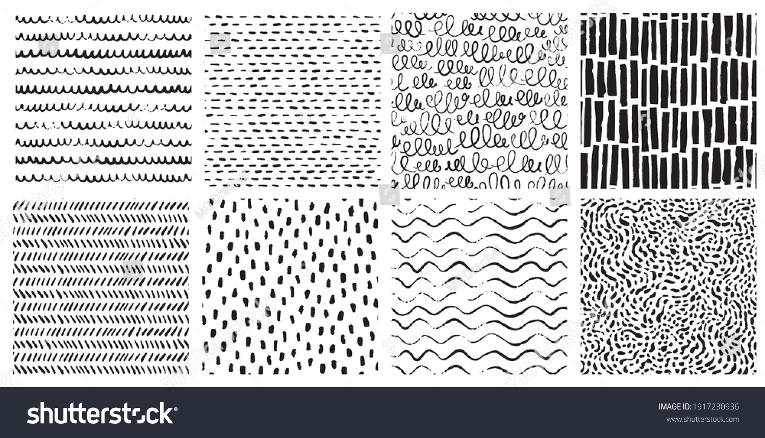 Hand drawn ink pattern and textures set. Expressive seamless abstract vector backgrounds in black and white. Trendy monochrome brush marks. #1917230936
