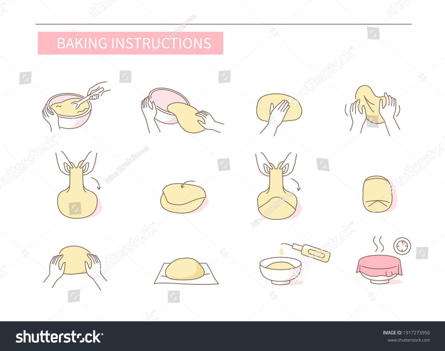 Instruction How to Prepare and Cook Dough for Bakery. Baking Ingredients, Utensil and Food Preparation Symbols. Dough Flour Recipe. Flat Vector Illustration and Icons set. #1917273956
