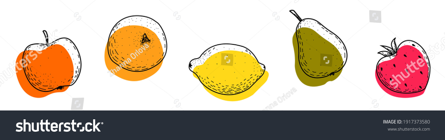 A set of fruit icons on a white background. Apple, orange, lemon, pear, strawberry. Fruit doodles are black with abstract colored shapes. Line drawing style. The objects are isolated. Vector. #1917373580