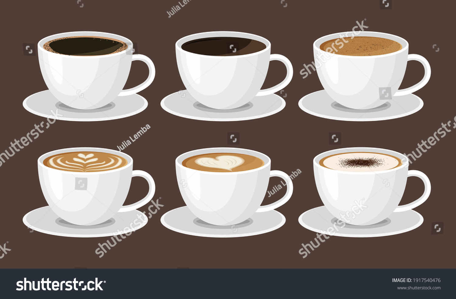 Hot coffee menu in white cups. Front view. Latte, cappuccino, americano, espresso, mocha, cocoa. Vector illustration. #1917540476