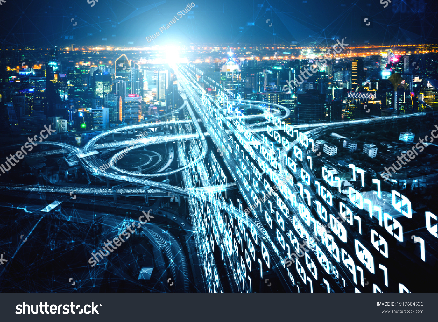 Futuristic road transportation technology with digital data transfer graphic showing concept of traffic big data analytic and internet of things . #1917684596
