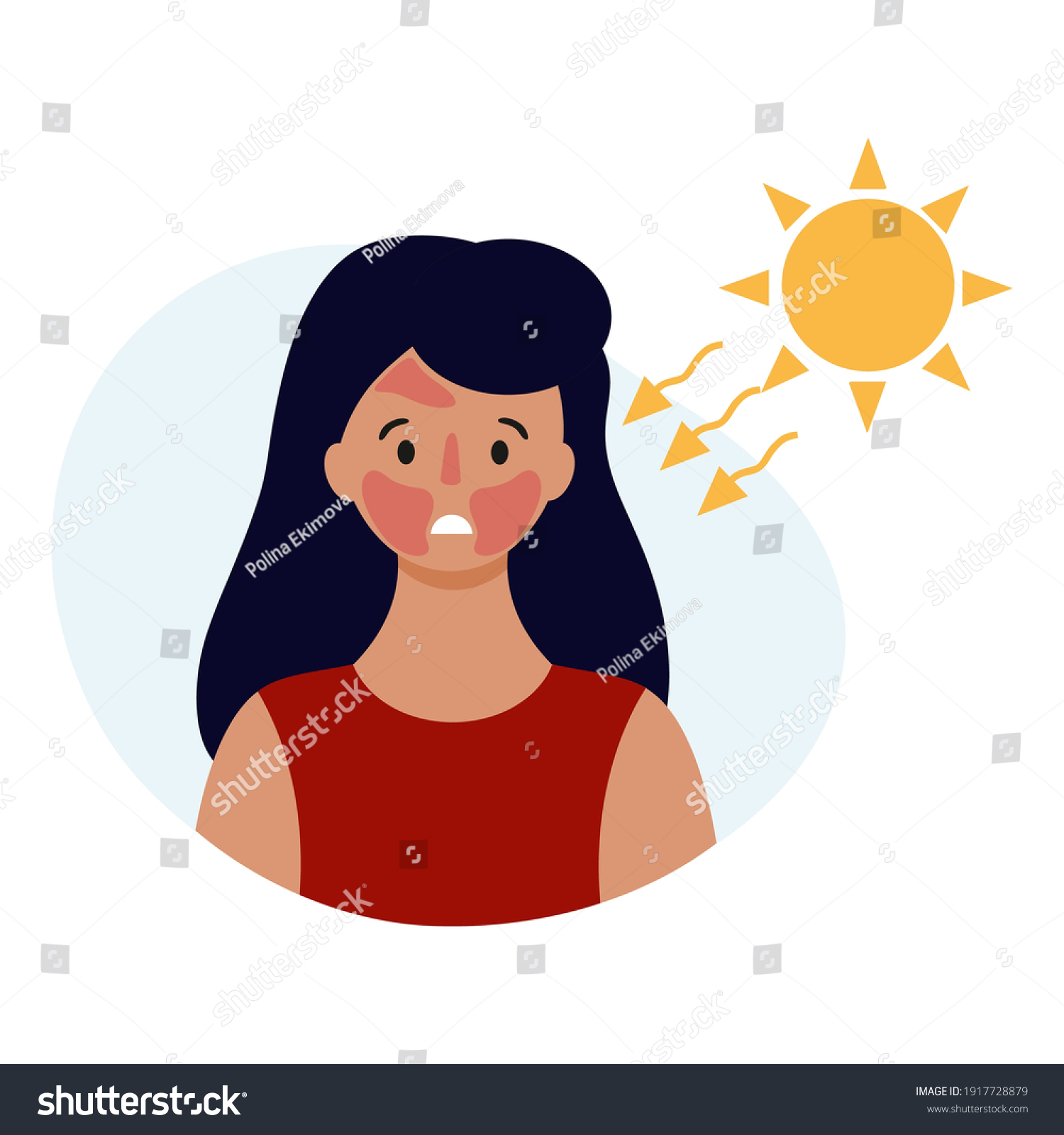 A sad girl with a sunburn on her face. Beauty and health of the skin. Vector illustration in a flat style. #1917728879