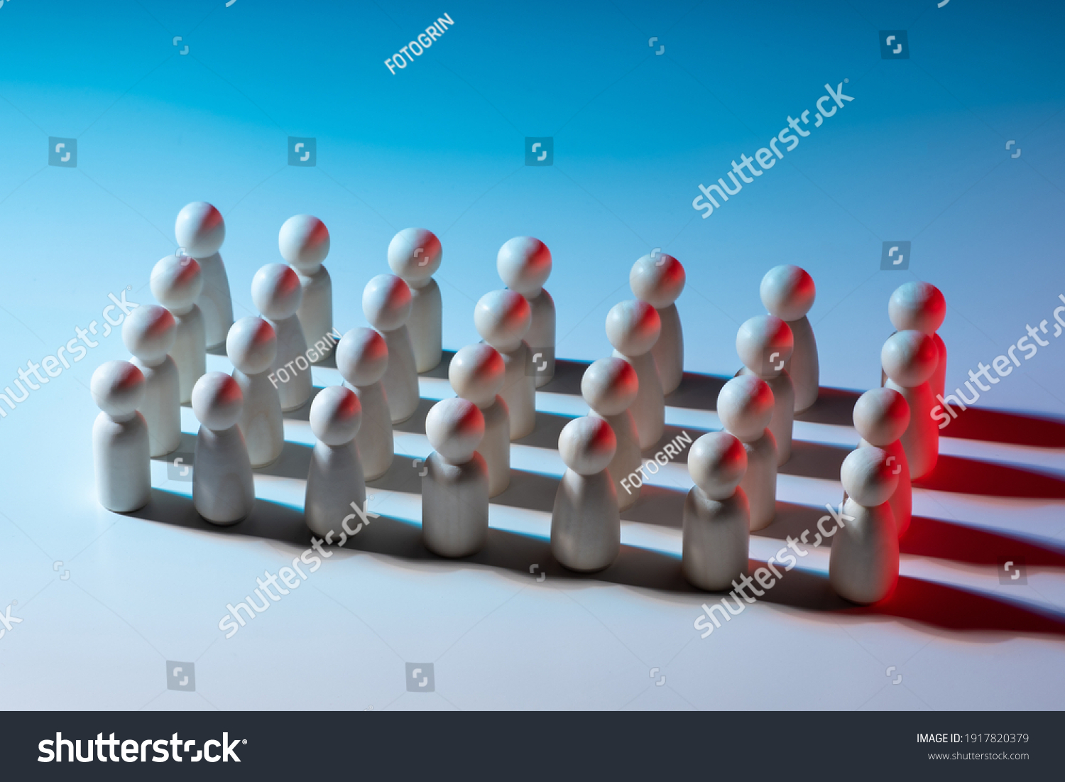 Straight rows of little men. People without individual traits. Suppression of individuality. Political parties or the army. Multitude of faceless people #1917820379