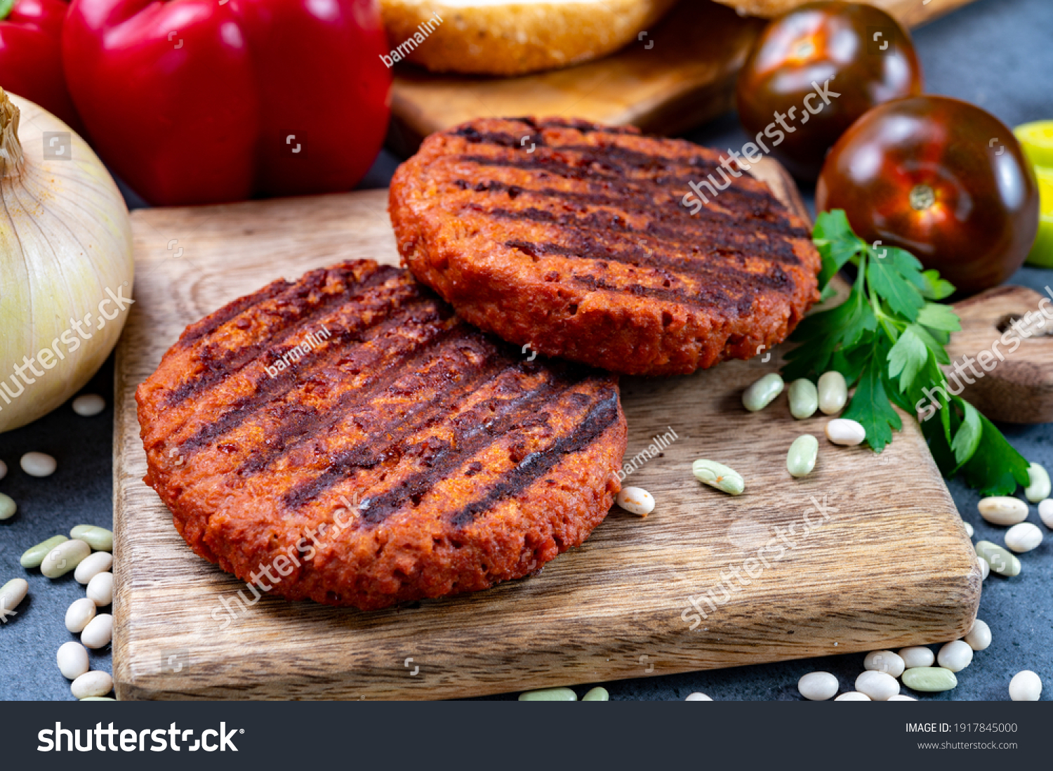 Tasty grilled burger made with vegetarian plant based imitation minced soya beans meat #1917845000