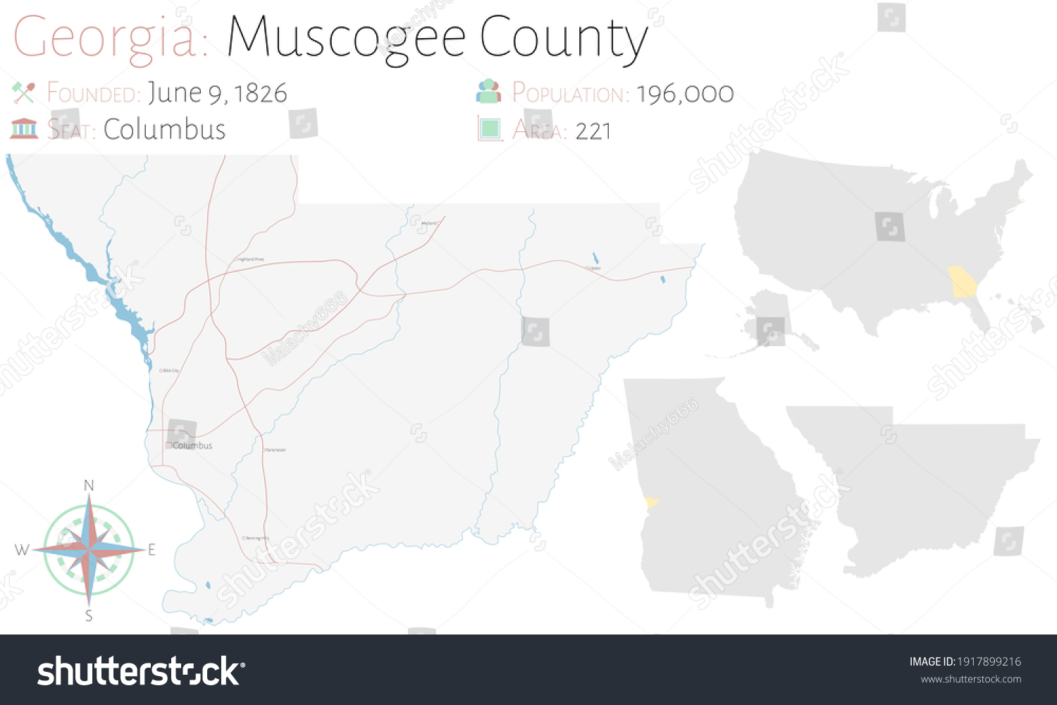 Large and detailed map of Muscogee county in - Royalty Free Stock ...