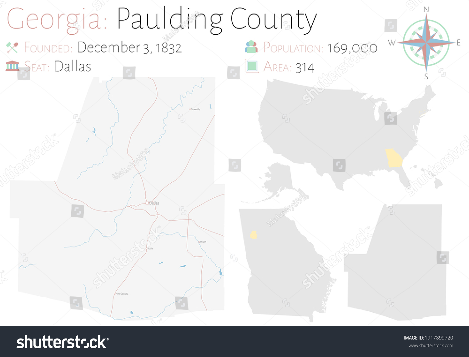 Large and detailed map of Paulding county in - Royalty Free Stock 