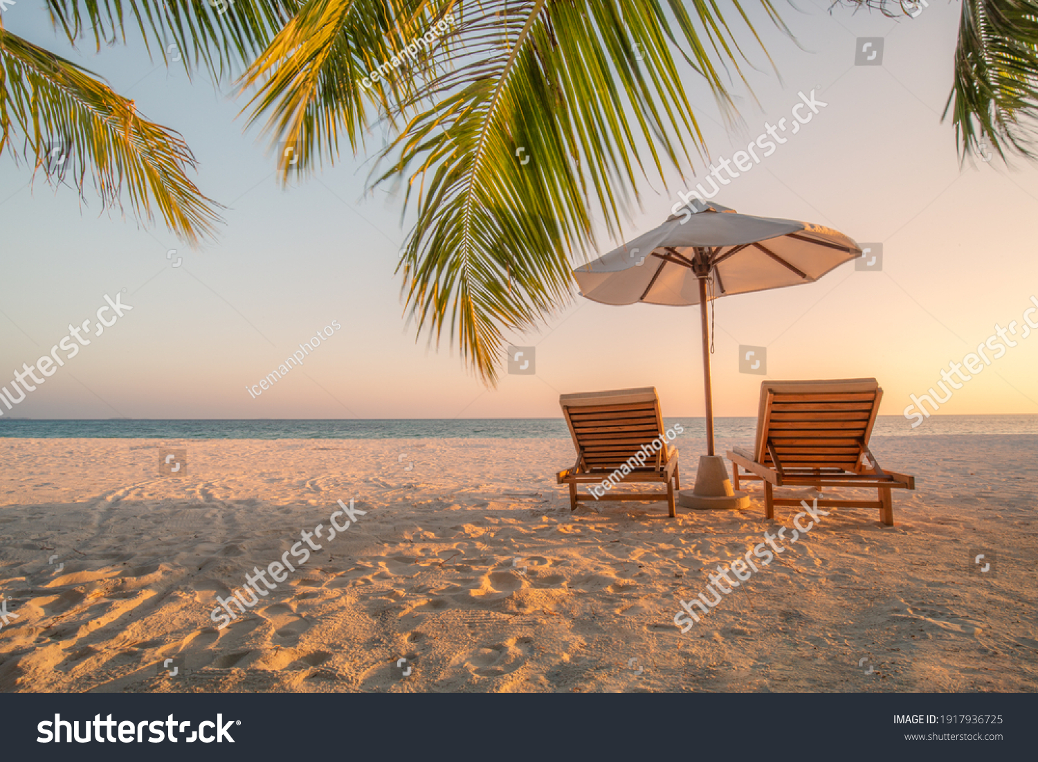 Beautiful beach. Chairs on the sandy beach near the sea. Summer holiday and vacation concept for tourism. Inspirational tropical landscape. Tranquil scenery, relaxing beach, tropical landscape design #1917936725