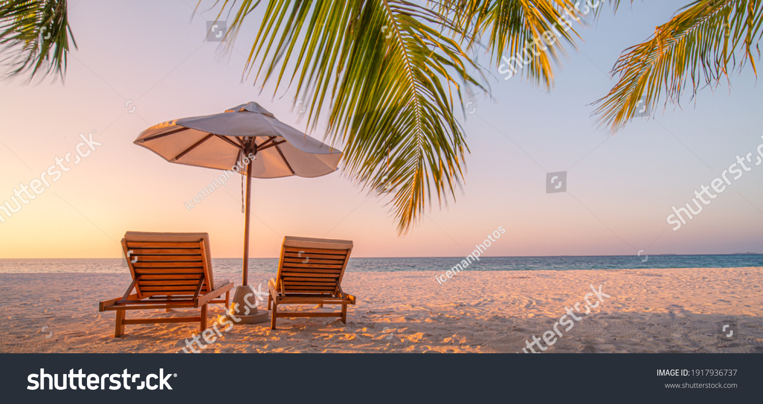 Beautiful beach. Chairs on the sandy beach near the sea. Summer holiday and vacation concept for tourism. Inspirational tropical landscape. Tranquil scenery, relaxing beach, tropical landscape design #1917936737