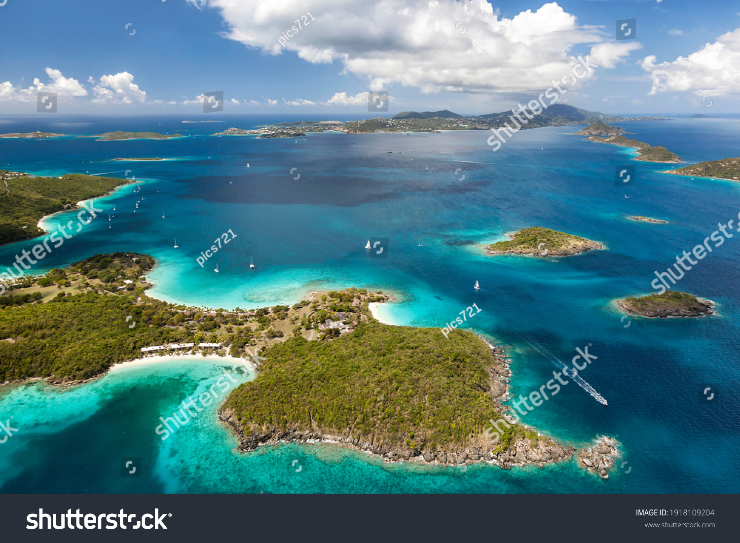 Aerial view of Caneel Bay on the island of St. John with St. Thomas in the distance in the United States Virgin Islands. #1918109204