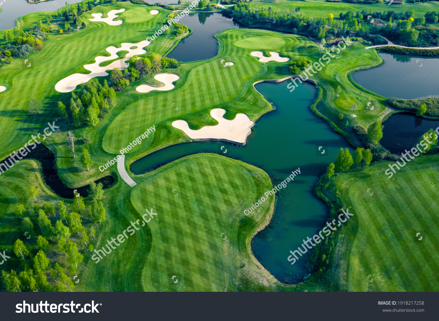 Aerial view of green grass and trees on a golf field. #1918217258