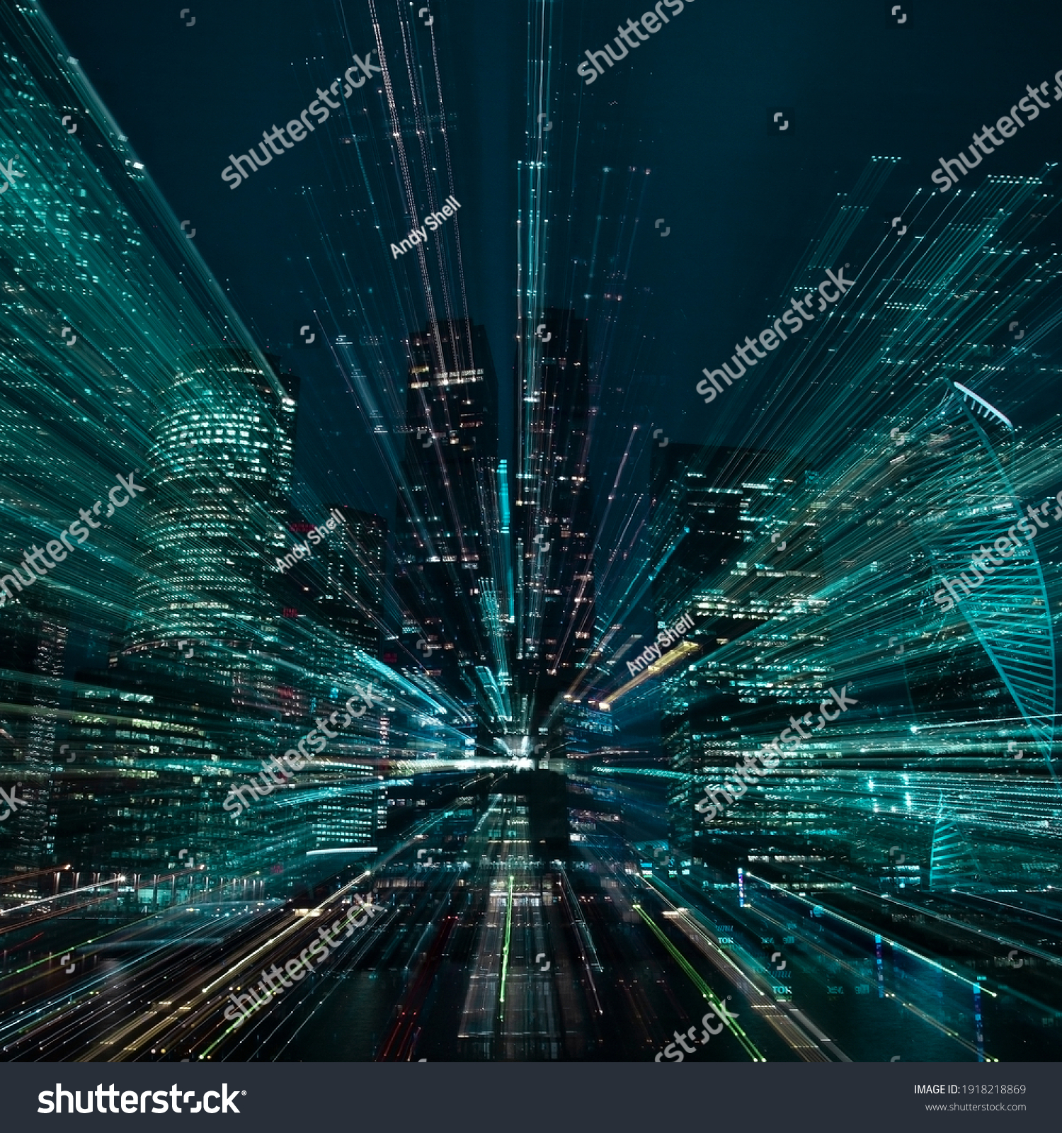 Hi-tech abstract green background. Cityscape of skyscrapers of Moscow City Zooming. . High quality photo #1918218869