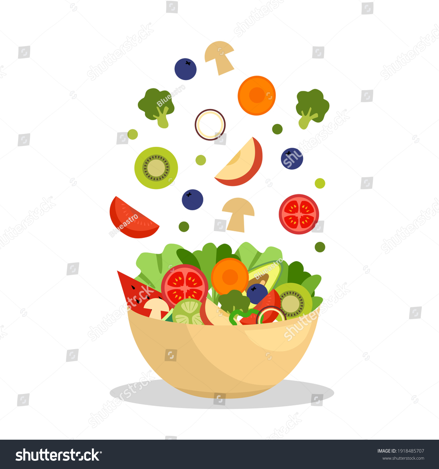 Vegetables and fruits in bowl in flat design. Salad bar for healthy meal. Vegetarian dish. Healthy food on white background. #1918485707
