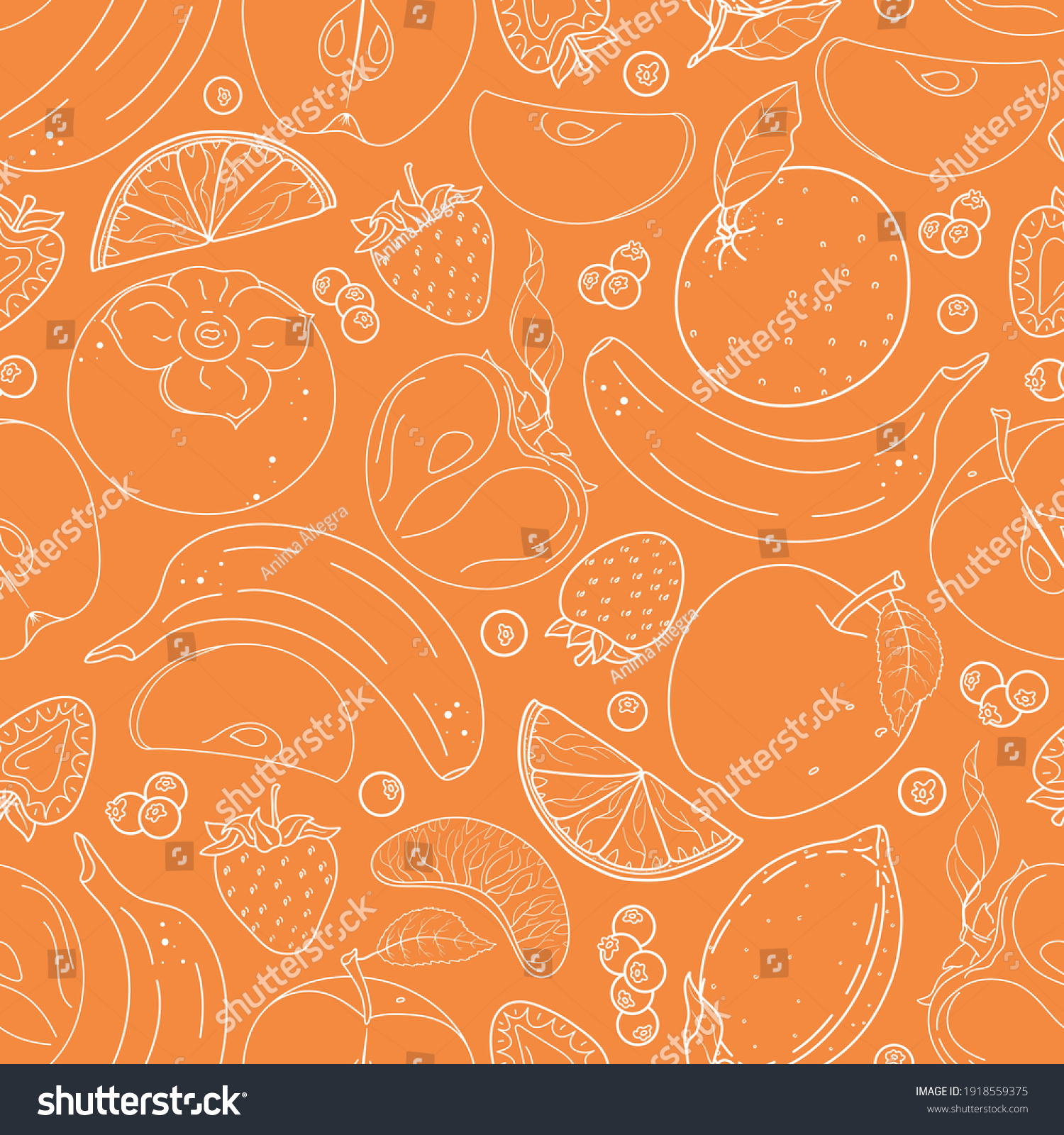 Seamless vector pattern with cute hand drawn various fruits and berries. Fruity theme doodle elements. White line objects on orange background. For wrapping paper, textile, print, fabric, wallpaper. #1918559375