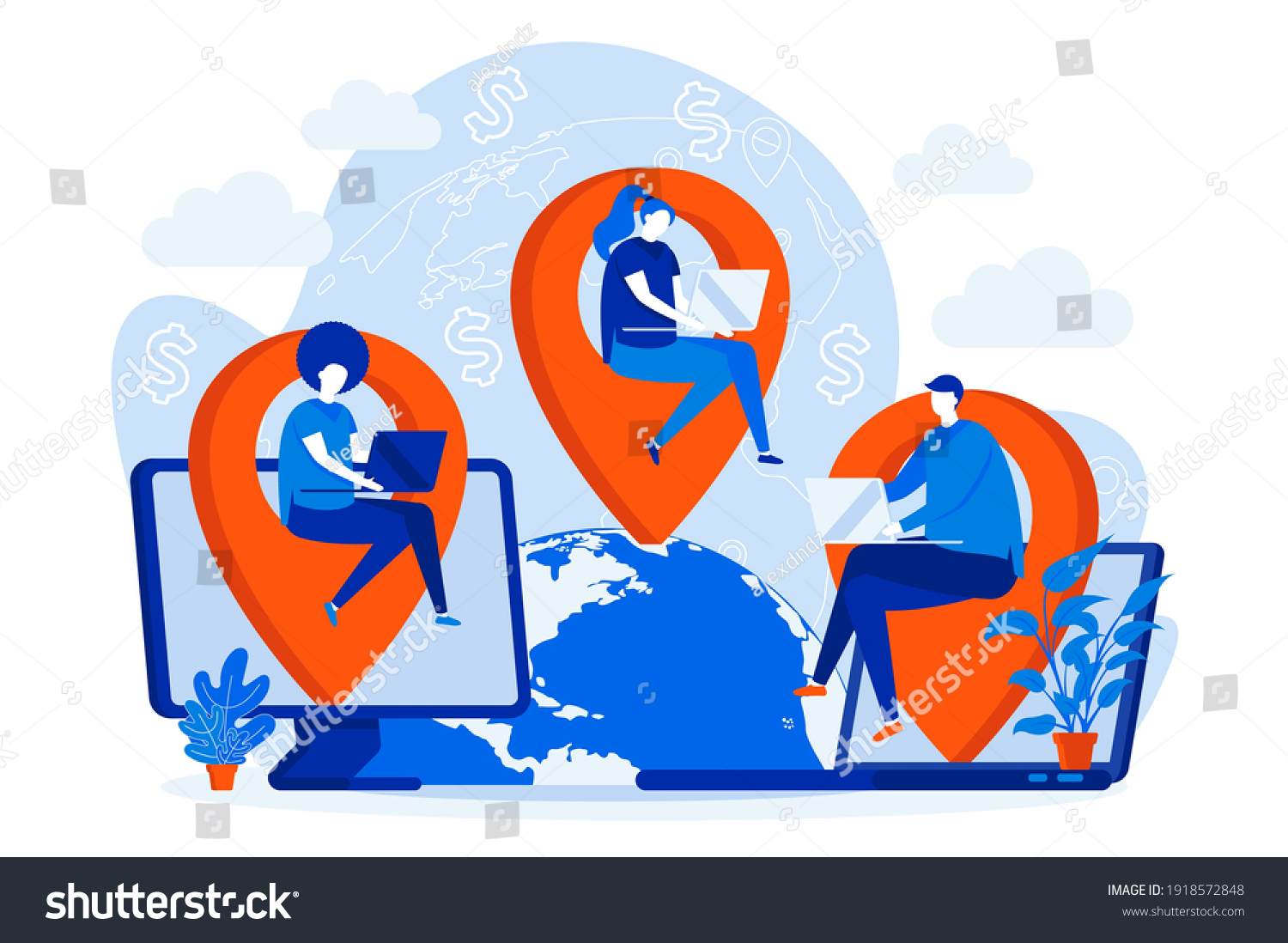 Outsourcing company web design concept with people characters. Developers team working scene. Software outsourcing composition in flat style. Vector illustration for social media promotional materials #1918572848