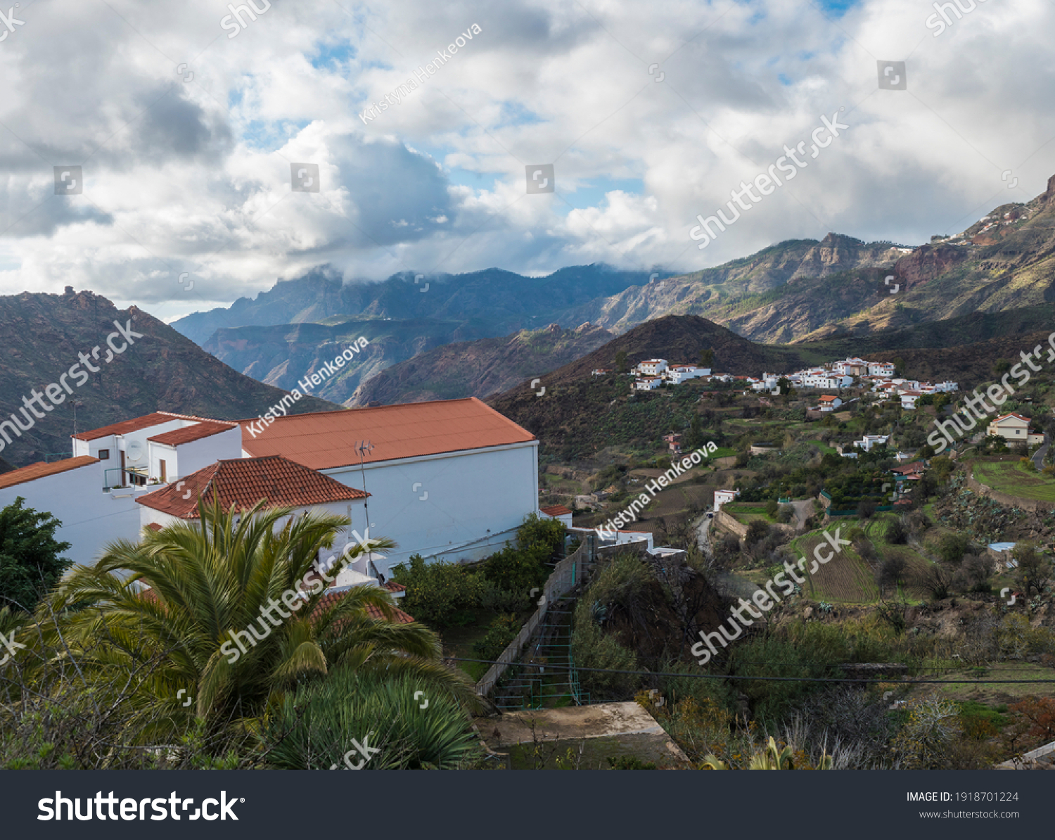 Picturesque Canarian village Tejeda in mountain valley scenery and view of Caldera de Tejeda Gran Canaria, Canary Islands, Spain #1918701224