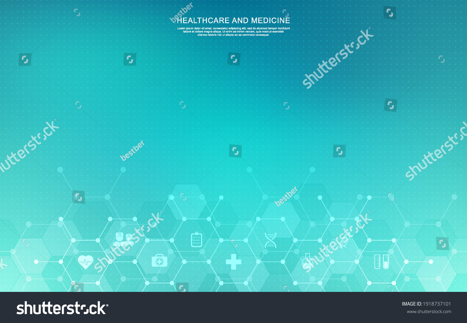 Medical background and healthcare technology with flat icons and symbols. Concept and idea for health care business, innovation medicine, health safety, science, medical research, and development. #1918737101