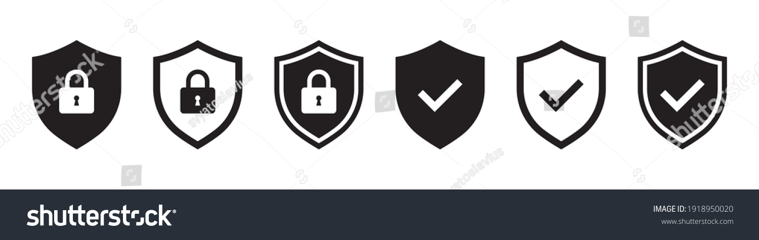 Set of security shield icons, security shields logotypes with check mark and padlock. Security shield symbols. Vector illustration. #1918950020