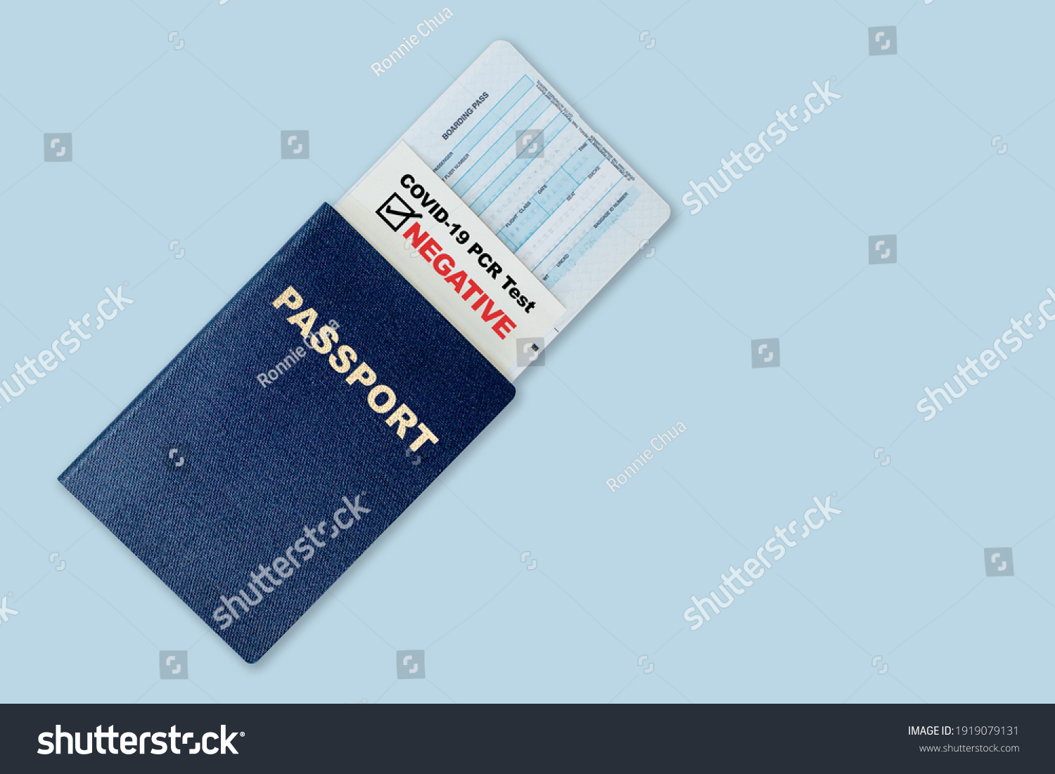 Travel passport, boarding pass and negative test result of COVID-19 PCR test. Concept of new normal future air or land border travel with proof of Coronavirus testing requirement. #1919079131