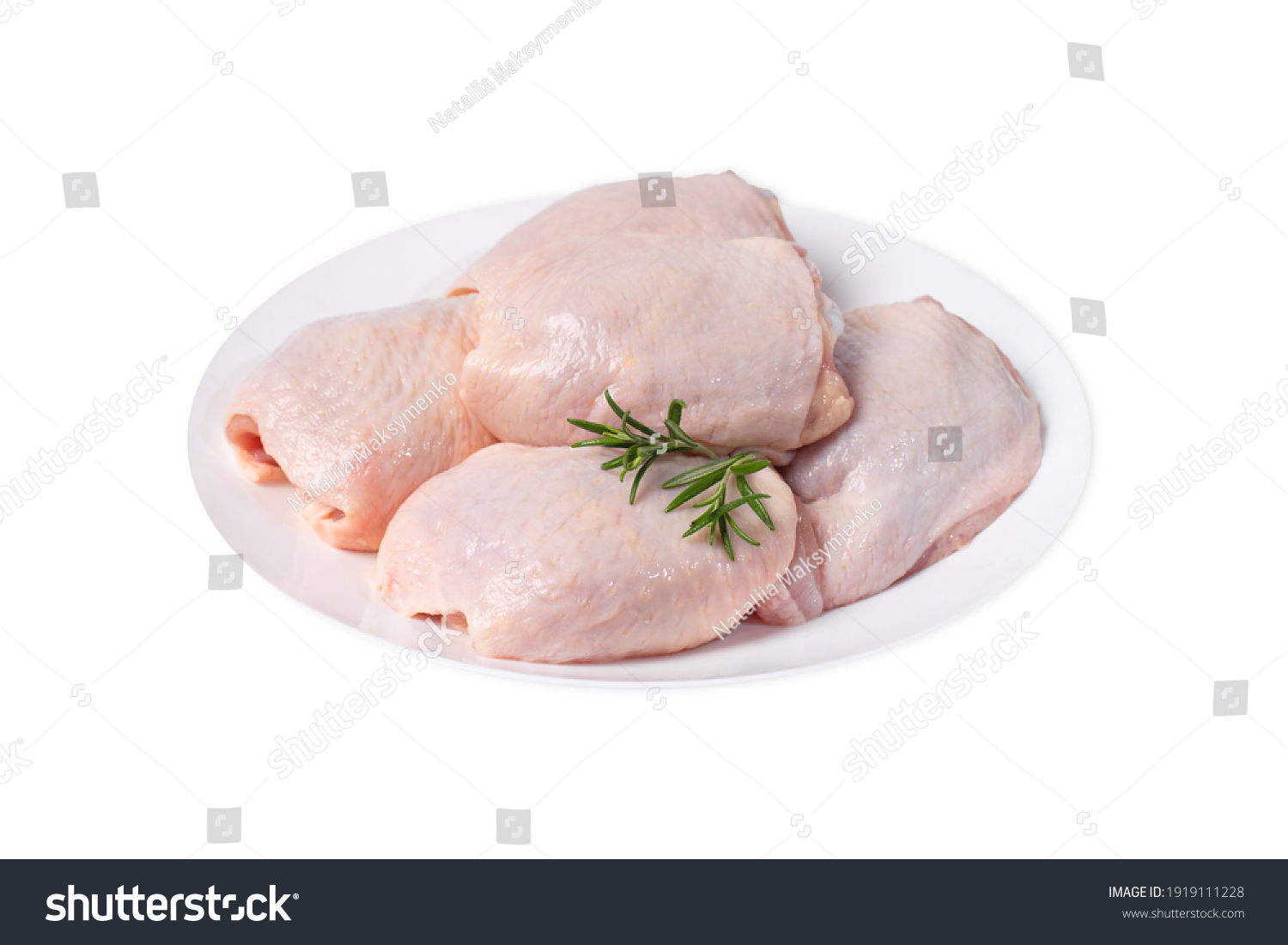 Raw chicken thighs on plate.Chicken Thigh White Plate Isolated Object White Background Raw Chicken Meat. #1919111228